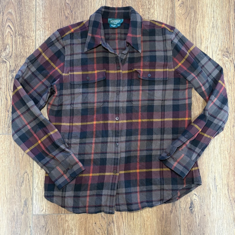 Lauren Ralph Lauren 100% Wool Plaid Button Down Shirt Burgundy Gray Petite Large